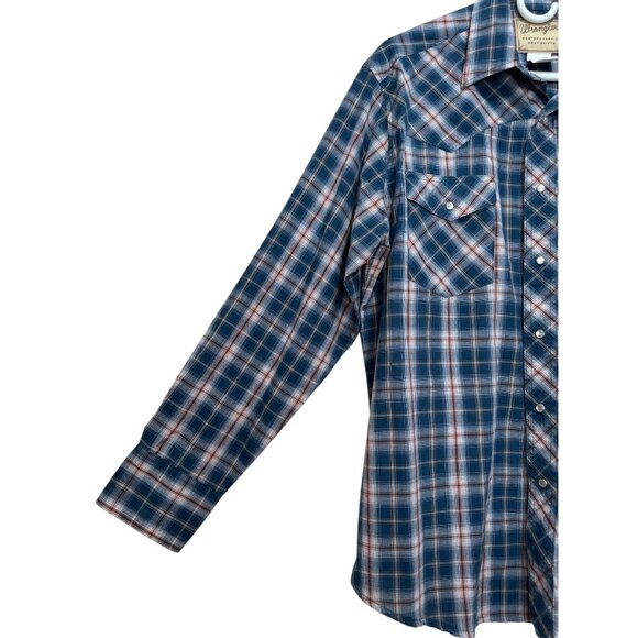 Wrangler Western Button Down Tshirt Womens Large Blue Plaid Pearl Snap Cowgirl - Picture 13 of 16